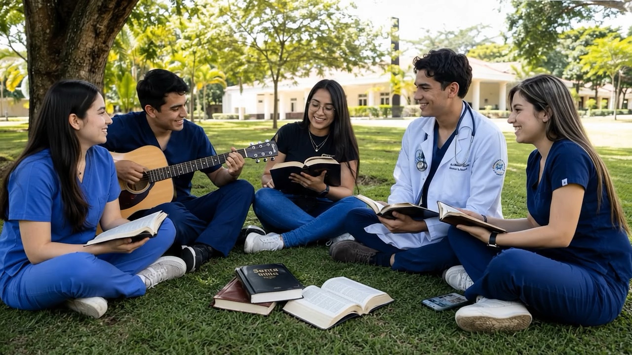 Jovens universitários reunidos ao ar livre
